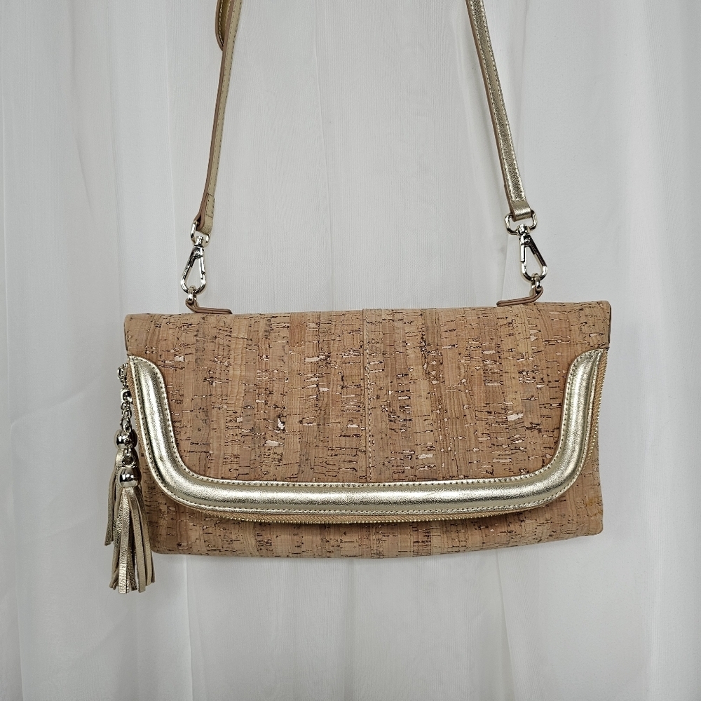 Sondra Roberts Cork And Leather Fold Over Crossbody Bag Metallic Trim